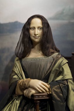 Istanbul, Türkiye, 19 Aralık 2017: Mona Lisa (La Gioconda) balmumu rakam ekranda Madame Tussauds Istanbul.