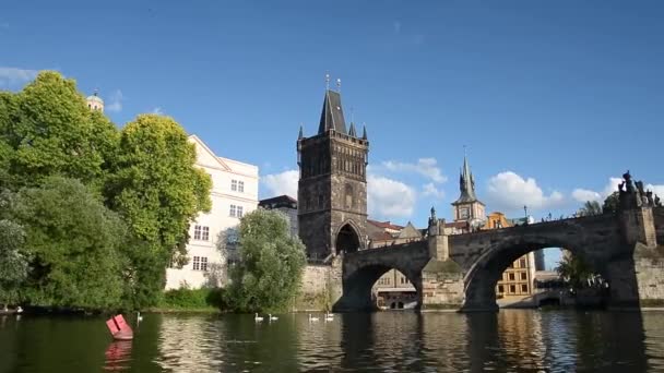 Praag Mei 2018 Karelsbrug Oude Stadstoren Beroemde Bezienswaardigheden Met Gotische — Stockvideo