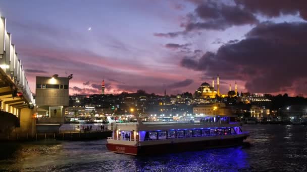 Stanbul Türkiye Aralık 2019 Gün Batımında Galata Köprüsü Eminonu Kıyı — Stok video
