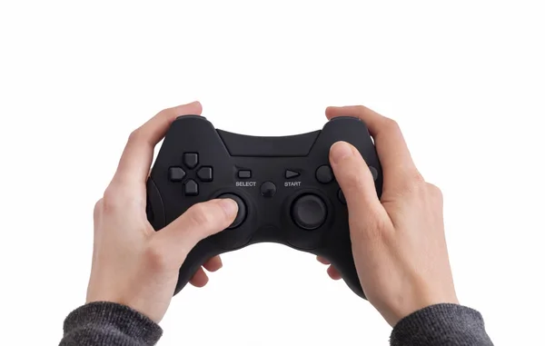 Hands Holding Black Joypad Terisolasi Latar Belakang Putih — Stok Foto