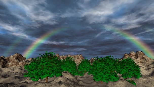 Landscape with rainbow and clouds timelapse 3D animation — Stock Video