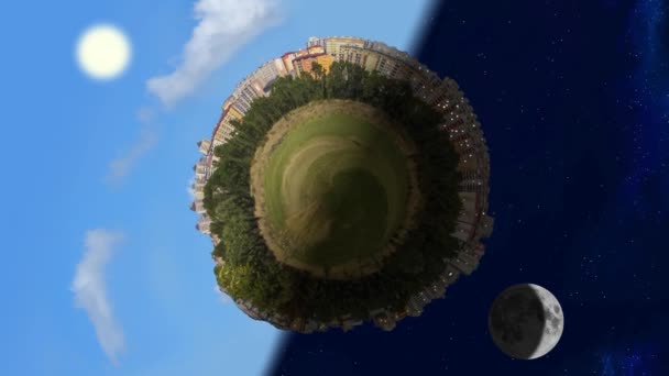 Kleine planeet wereld panorama in dag en nacht, naadloze lus animatie — Stockvideo