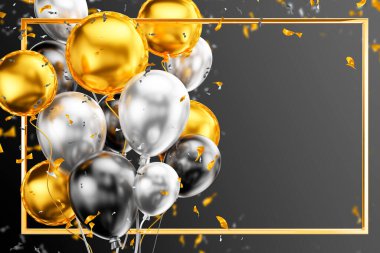 Konfetili doğum günü balonları. Altın çerçeve. 3 Boyutlu Hazırlama.