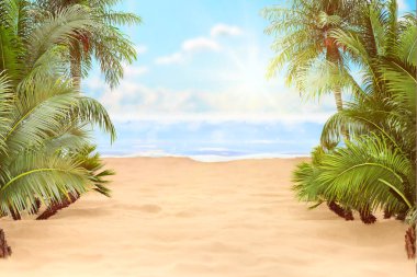 Soyut bulanık arka plan, güneş ışığı ışınlarıyla tropikal yaz plajlarının doğası. Altın kumsal, deniz suyu ve gökyüzüne karşı palmiye yaprakları. Kopya alanı, yaz tatili konsepti.