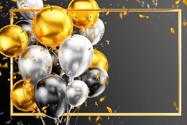 Birthday balloons with confetti. Golden frame. 3D render.