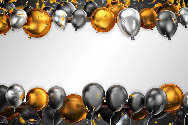Paper table with gold and white balloon. Golden and white confetti with golden frame. 3D Render.