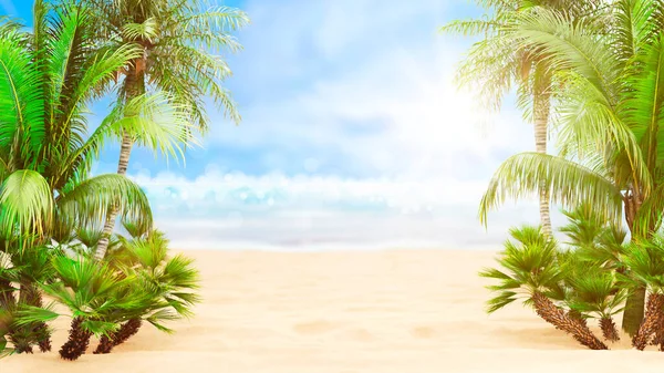 숨막힐 다랭이는 여름철 해변에서 햇빛을 특성을 가지고 있었습니다 모래사장 종려나무 — 스톡 사진