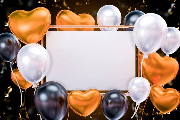 Üzerinde altın ve beyaz balon olan bir poster. Altın konfeti ve çerçeve. 3B Hazırlama.