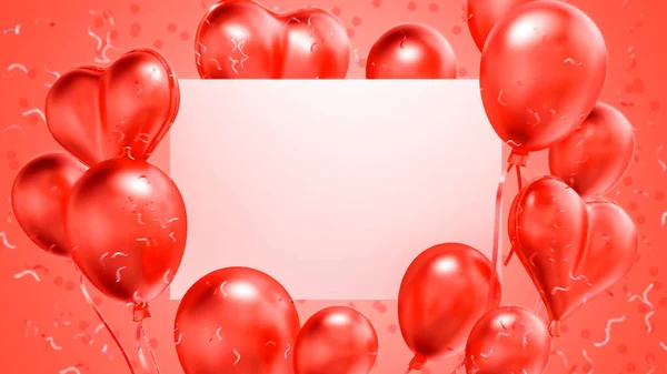 Balon kalpler ve kırmızı balon. Uçan kırmızı balon kalpler, kağıt afiş ve konfeti parçacıkları. Sevgililer Günü ya da düğün davetiyesi. 3B Hazırlama