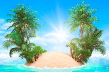 Soyut bulanık arka plan, güneş ışığı ışınlarıyla tropikal yaz plajlarının doğası. Altın kumsal, deniz suyu ve gökyüzüne karşı palmiye yaprakları. Kopya alanı, yaz tatili konsepti. 3d hazırlayıcı.