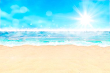 Yaz arkaplanı, tropikal altın plajın doğası mavi gökyüzü ve beyaz bulutlar. Suda parlayan ve çözünmüş manzaralı altın kum plajı. Kopya alanı, yaz tatili konsepti. 3d hazırlayıcı.
