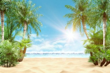 Soyut bulanık arka plan, güneş ışığı ışınlarıyla tropikal yaz plajlarının doğası. Altın kumsal, deniz suyu ve gökyüzüne karşı palmiye yaprakları. Kopya alanı, yaz tatili konsepti. 3d hazırlayıcı.