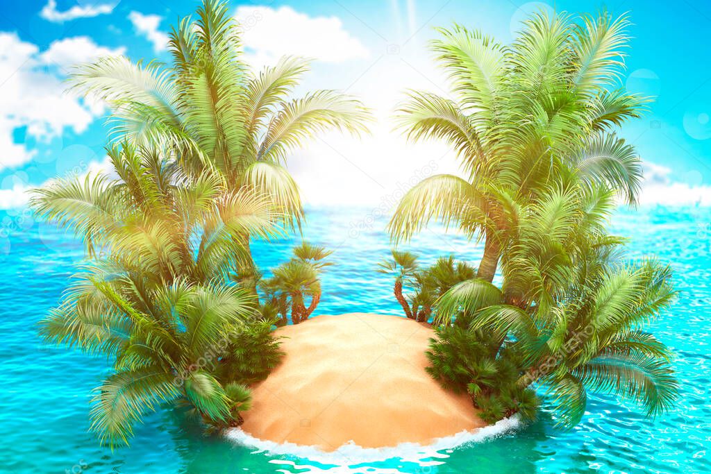 Sunny tropical Caribbean beach with palm trees and turquoise water, caribbean island vacation, hot summer day. 3D render.