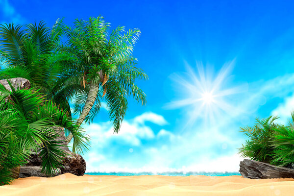 Sunny tropical Caribbean beach with palm trees and turquoise water, caribbean island vacation, hot summer day. 3D render.