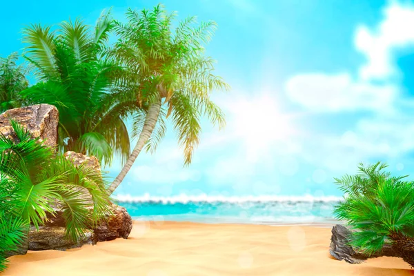 Spiaggia Tropicale Soleggiata Dei Caraibi Con Palme Acqua Turchese Vacanza — Foto Stock