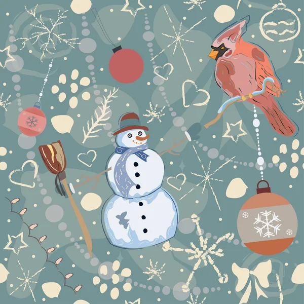 Holiday Christmas Pattern Background Snowman Bird — Stock Vector
