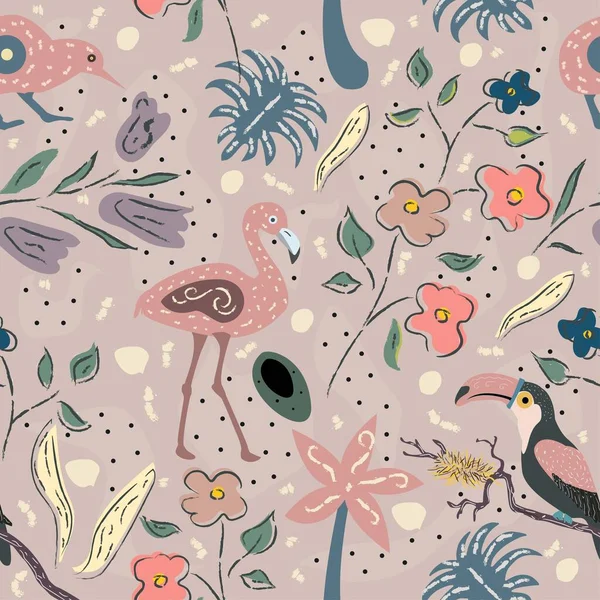 Цветочный Бесшовный Узор Птицами Фон Векторная Иллюстрация — стоковый вектор