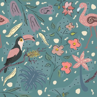 Kuşlu, çiçeksiz desen, arka plan. Vektör illüstrasyonu 