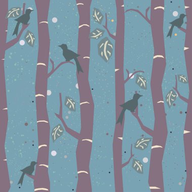 Çiçeksiz desen, ağaçlar ve kuşlar. Vektör illüstrasyonu 