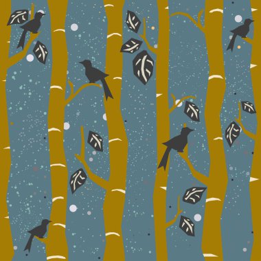 Çiçeksiz desen, ağaçlar ve kuşlar. Vektör illüstrasyonu 