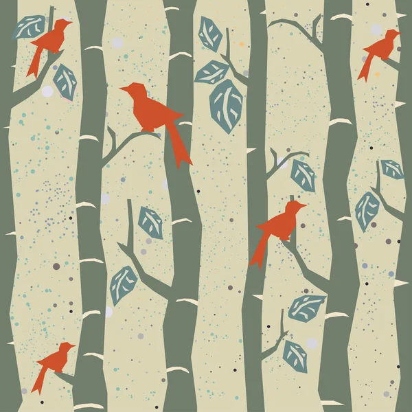 Floral Sem Costura Padrão Árvores Pássaros Ilustração Vetorial —  Vetores de Stock