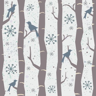 Çiçeksiz desen, ağaçlar ve kuşlar. Vektör illüstrasyonu 