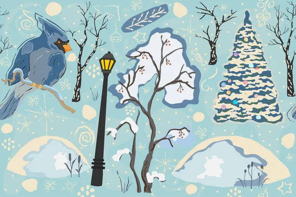 Holiday Christmas Pattern Background with lantern, bird and trees