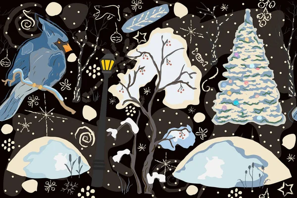 Feriado Padrão Natal Fundo Com Lanterna Pássaro Árvores — Vetor de Stock