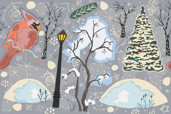 Holiday Christmas Pattern Background Lantern Bird Trees — Stock Vector