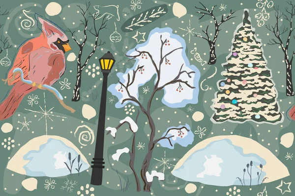 Feriado Padrão Natal Fundo Com Lanterna Pássaro Árvores — Vetor de Stock