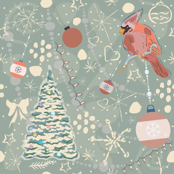 Feriado Padrão Natal Fundo Com Pássaro Árvore — Vetor de Stock