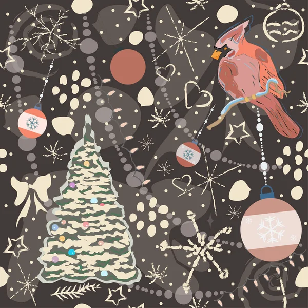 Urlaub Weihnachten Muster Hintergrund Mit Vogel Und Baum — Stockvektor