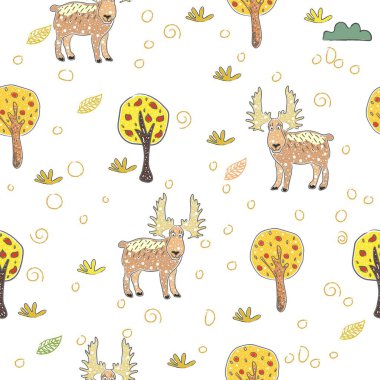 Sevimli elle çizilmiş Geyik Başlı Kusursuz Desen. İskandinav