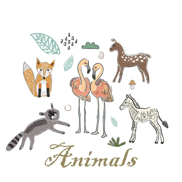 Cute ikona zima ze zwierzętami. Ręcznie rysowany styl skandynawski. Ve — Wektor stockowy