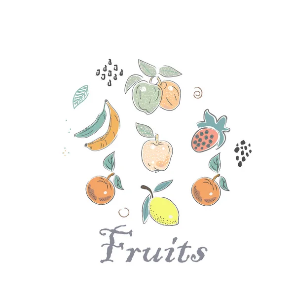 Lindo icono con un montón de frutas. Estilo escandinavo dibujado a mano. Vec — Vector de stock