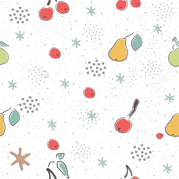 Seamless Pattern with Cute Cherries, pears on cute background — Stock Vector