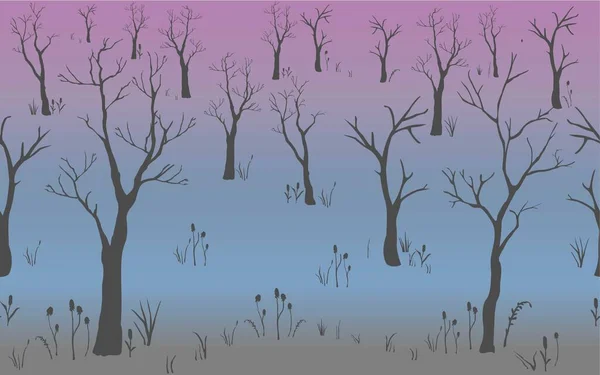 Naadloze Donkere Achtergrond Met Bladloze Bomen — Stockvector