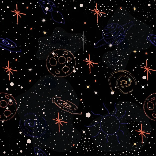 Bezešvý Vzor Hvězdami Zářivé Hvězdy Tmavém Pozadí — Stockový vektor