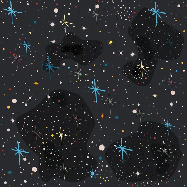 Nahtloses Muster Mit Bunten Sternen Dunkle Sternenklare Nacht Rote Gelbe — Stockvektor