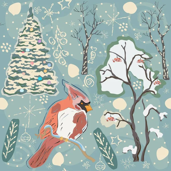 Padrão Inverno Sem Costura Com Árvore Bonito Cardinal Bird Desenho — Vetor de Stock