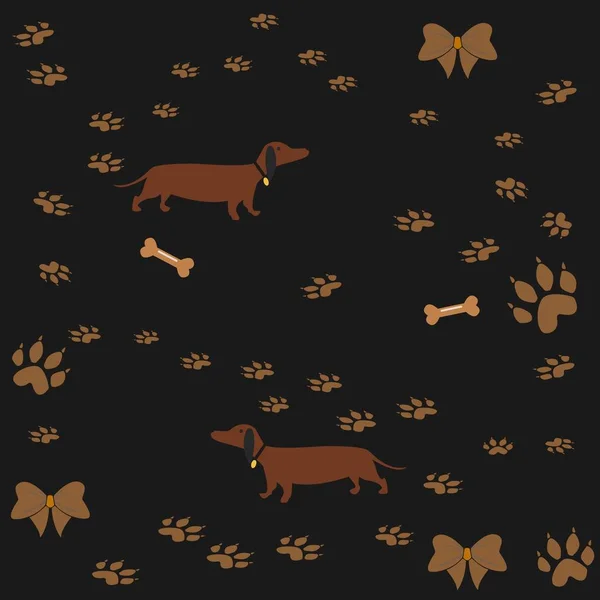 Kemikleri, yayları, köpek evleri ve ayak izleri olan kusursuz bir Dachshund Köpek deseni..