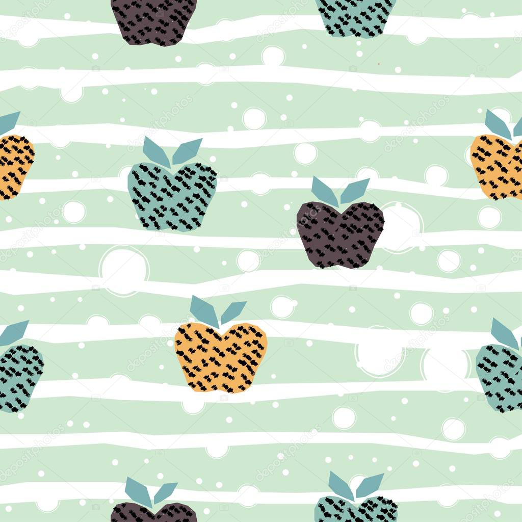 Seamless Hand Drawn Pattern with colorful apples on subtle background.