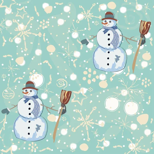 Patrón Navideño Fondo Con Muñeco Nieve Árboles Linternas — Vector de stock