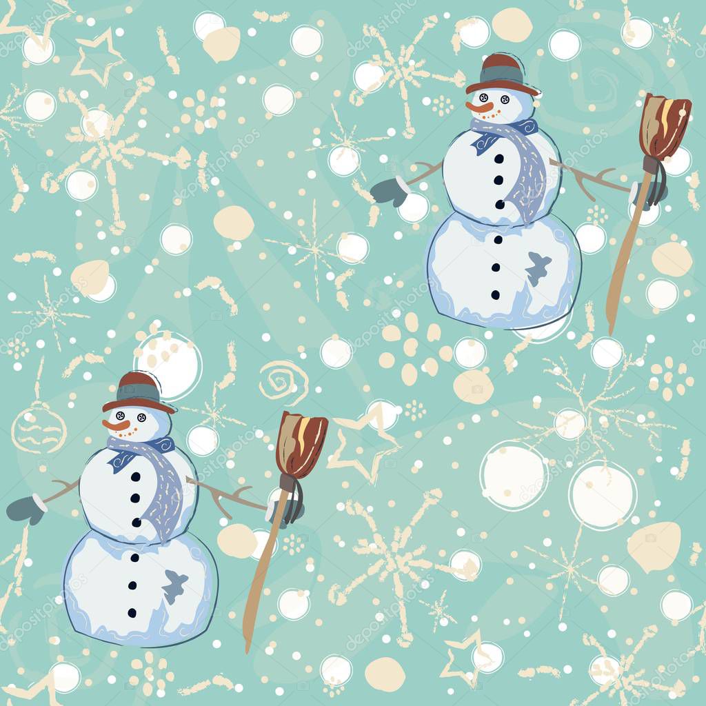 Holiday Christmas Pattern Background with snowman, trees, lanterns