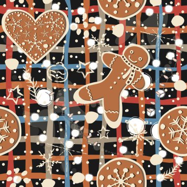 Tatlı zencefilli kurabiyeler, komik şekilli. Parmak izi için arka plan tekrarlanıyor. İskandinav Tarzları. 