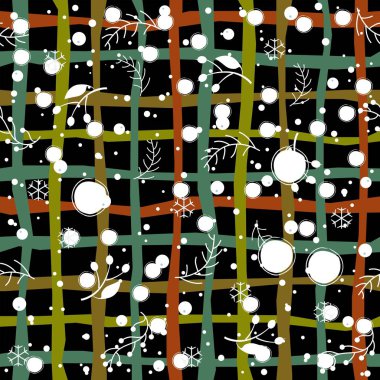 Elle çizilmiş kar taneleriyle kusursuz kış deseni. İskandinav tarzı. Mutlu Noeller desenli. Vektör İllüstrasyonu