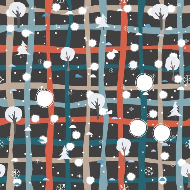 Elle çizilmiş kar taneleriyle kusursuz kış deseni. İskandinav tarzı. Mutlu Noeller desenli. Vektör İllüstrasyonu