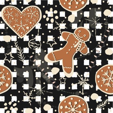 Tatlı zencefilli kurabiyeli kusursuz desenli, komik şekilli. Tekrarlanan arkaplan 