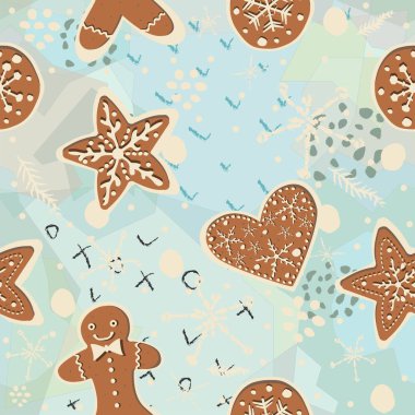 Tatlı zencefilli kurabiyeli kusursuz desenli, komik şekilli. Parmak izi için arka plan tekrarlanıyor. İskandinav Tarzı. 