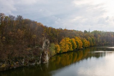 Suda yansımaları olan sonbahar ormanı olan sakin bir nehir manzarası.